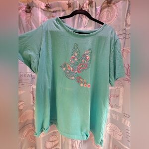 100% Cotton Dreams & Co 2X Teal Comfy Sleep Tee W/ Floral Bird Print